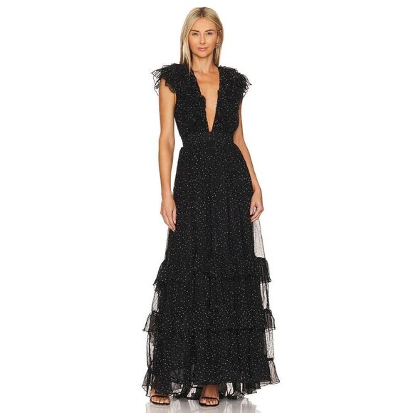 SABINA MUSAYEV SALMA POLKA DOT RUFFLED LONG DRESS IN BLACK Large - Picture 1 of 11